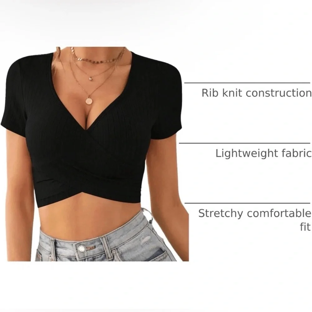 Halara Ribbed Elegant Black V-Neck Wrap Top NWT - Picture 4 of 6